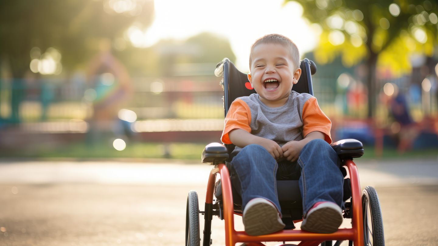Enfant en situation de handicap souriant en fauteuil roulant dans un parc — illustration du simulateur d'aides pour les aidants familiaux en France